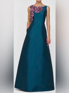 Kay Unger Teal Maxi Gown with Pink Floral Appliqué